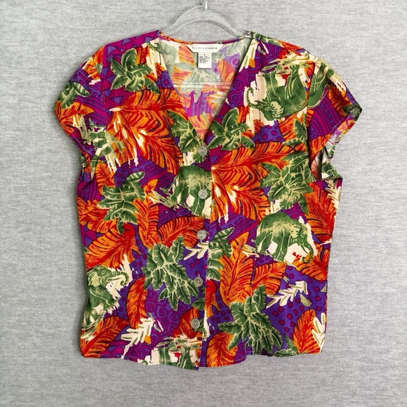 Melrose Studio Tops - 100% SILK Short Sleeve Shirt Top Button Up Women's Medium Blouse Safari Tropical